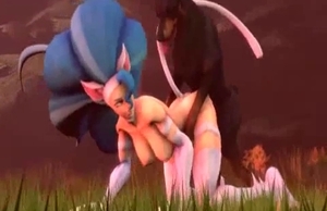 Blue-haired sex doll and a hardcore Doberman